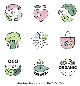 Set of vector icons on the theme of ecology and natural products in doodle style. 