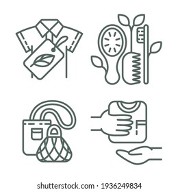 A set of vector icons on the theme of ecology and zero waste. Stylized illustration of eco-friendly clothing, natural toiletries, eco-bags, clothing donations to charity.