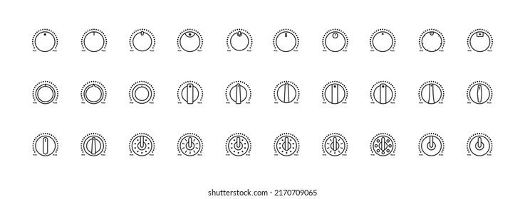 Set of Vector Icons on Theme Adjustment, Mode Selection, Control, Switching, Change. Presented Balance, Power, Minimum, Maximum, Left, Right Power Mode Control Panel