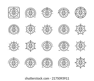 Set of Vector Icons on Theme Adjustment, Mode Selection, Control, Switching, Change. Presented Balance, Power, Minimum, Maximum, Left, Right, Power, Mode, Control Panel.