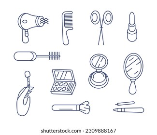 Un conjunto de iconos vectoriales sobre el tema de la belleza: secador de pelo, peine, tijeras, lápiz labial, rímel, espejo, bolso cosmético, etc. en línea y estilo doodle.