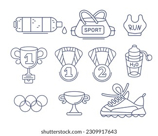 Set of vector icons on the theme of sports victories in line and doodle style.