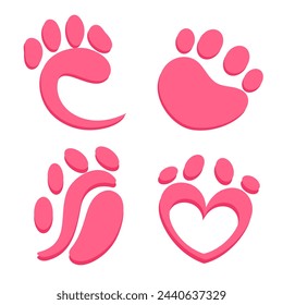 Set of vector icons on the theme of animal paws. Single color paw prints of dogs and cats
