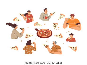 A set of vector icons on the theme of Italian dinner: a girl, a woman, a little boy, a man, an elderly man are happy to eat pizza with mushrooms and pepperoni