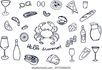 A set of vector icons on the theme of food.Icons for menus, posters, and postcards. Simple images of seafood, pasta, wine, lemonade, rolls, bread and croissant.