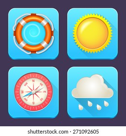 Set of vector icons on the theme of summer. Colorful collection of summer holidays, vacation and travel badges. Lifeline, sun, clouds and rain, compass.