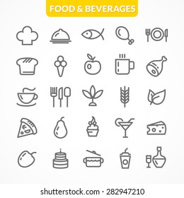 Set of vector icons on the theme of linear food and drink.