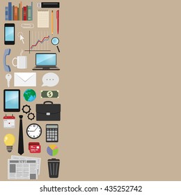 Set of vector icons on the theme of the business, office, finance, marketing. Isolated on a beige background. Flat design. Space for text.