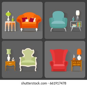 Set of vector icons on the theme of interior design for creating web sites or applications. An example of interiors in different styles.