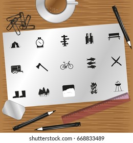 Set of vector icons on the theme of leisure and tourism.