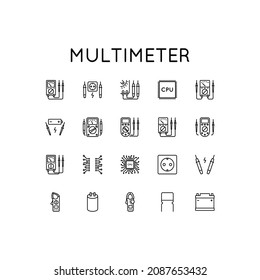 Set of vector icons on topic of a measuring device. Presented digital and analog multimeter, probes, processor, capacitor, transistor in simple style isolated on white background. Vector sign in