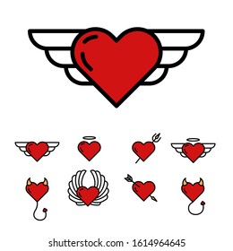 Set of vector icons on a white background on the theme of "Valentine's Day". Template beautiful design for the holiday. Hearts with a halo, wings and horns.