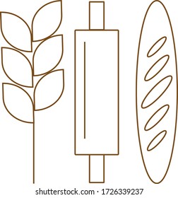 Set of vector icons on a white background. Rolling pin, bread, ears of wheat are suitable as a logo for a bakery or individual icons. Organic ingredients. Gluten free. Healthy diet.