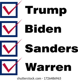 Set of vector icons on a white background. U.S. elections in 2020. Presidential race in the USA. Icons are made in the colors of the USA flag. Trump, Biden, Sanders, Warren? Americans will decide.