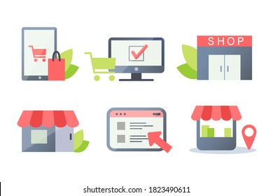 Set of vector icons for online and offline stores, online shopping