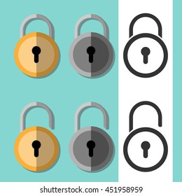 Set of vector icons of open and closed padlock isolated on a turquoise and white backgrounds. Golden, metallic, black. In the flat style. For graphic and web design.