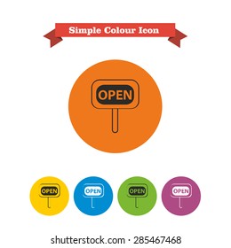 Set of vector icons with open sign, with text on red ribbon