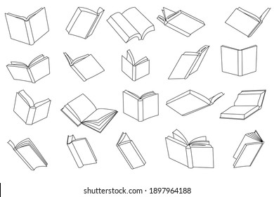 Set of vector icons. Opened book in outline style. Isolated on white. Book with pages from different angles.