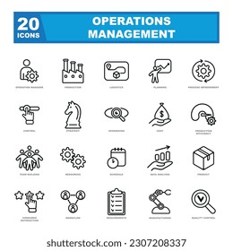 The set of vector icons for operation management consists of a collection of concise and visually engaging symbols representing various aspects of operational processes.
