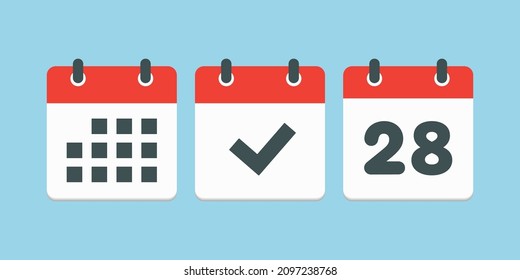 Stellen Sie Vektorsymbole auf der Seite Kalender - Nummer 28, Markierung fertig, Agenda App ein. Datum der Woche, Monat, Jahr. Markierungen Business, Deadline, Date Icon. Ja, Erfolg, Prüfung, Genehmigung, Bestätigung der Erinnerung und Zeitplan