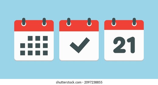 Set vector icons page calendar - number 21, mark done, agenda app. Date of week, month, year. Marks business, deadline, date icon. Yes, success, check, approved, confirm reminder and schedule