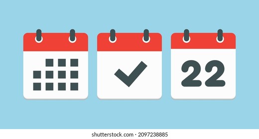 Set vector icons page calendar - number 22, mark done, agenda app. Date of week, month, year. Marks business, deadline, date icon. Yes, success, check, approved, confirm reminder and schedule