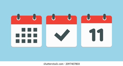 Stellen Sie Vektorsymbole auf der Seite Kalender ein - Nummer 11, Markierung fertig, Agenda App. Datum der Woche, Monat, Jahr. Markierungen Business, Deadline, Date Icon. Ja, Erfolg, Prüfung, Genehmigung, Bestätigung der Erinnerung und Zeitplan