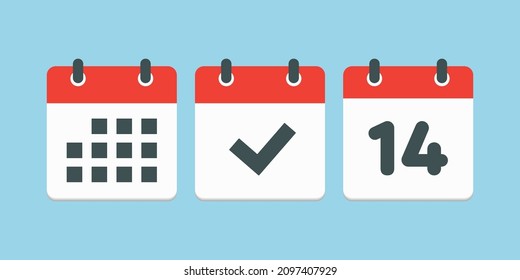 Set vector icons page calendar - number 14, mark done, agenda app. Date of week, month, year. Marks business, deadline, date icon. Yes, success, check, approved, confirm reminder and schedule