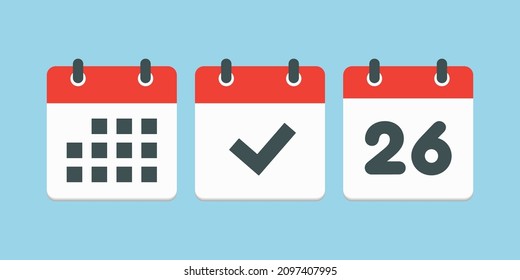 Set vector icons page calendar - number 26, mark done, agenda app. Date of week, month, year. Marks business, deadline, date icon. Yes, success, check, approved, confirm reminder and schedule