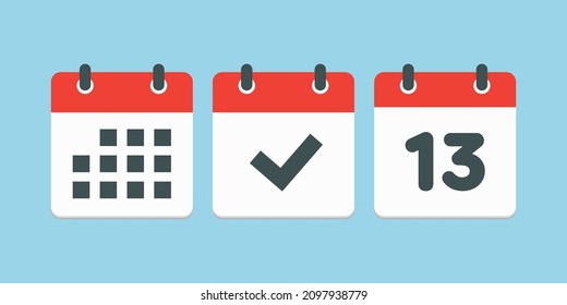 Set vector icons page calendar - number 13, mark done, agenda app. Date of week, month, year. Marks business, deadline, date icon. Yes, success, check, approved, confirm reminder and schedule