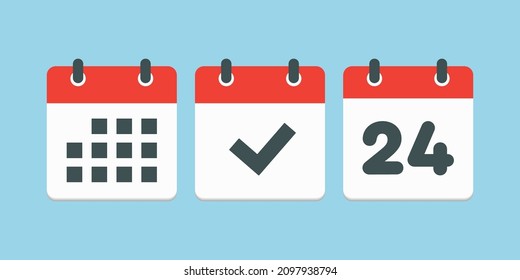 Set vector icons page calendar - number 24, mark done, agenda app. Date of week, month, year. Marks business, deadline, date icon. Yes, success, check, approved, confirm reminder and schedule