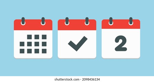 Set vector icons page calendar - number 2, mark done, agenda app. Date of week, month, year. Marks business, deadline, date icon. Yes, success, check, approved, confirm reminder and schedule