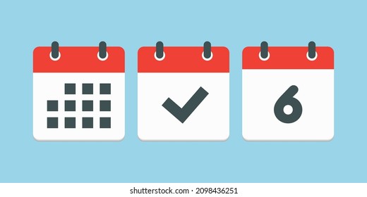 Stellen Sie Vektorsymbole auf der Seite Kalender ein - Nummer 6, Markierung fertig, Agenda App. Datum der Woche, Monat, Jahr. Markierungen Business, Deadline, Date Icon. Ja, Erfolg, Prüfung, Genehmigung, Bestätigung der Erinnerung und Zeitplan