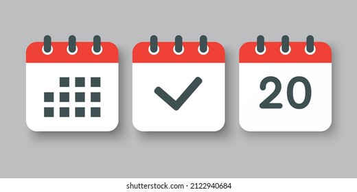 Establecer el calendario de la página de iconos vectoriales - número 20, marca hecha, aplicación agenda. Fecha de la semana, mes0th, año. Marca negocios, fecha límite, icono de fecha. Sí, éxito, comprobación, aprobación, confirmación de recordatorio y programación