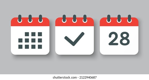 Stellen Sie Vektorsymbole auf der Seite Kalender - Nummer 28, Markierung fertig, Agenda App ein. Datum der Woche, Monat, Jahr. Markierungen Business, Deadline, Date Icon. Ja, Erfolg, Prüfung, Genehmigung, Bestätigung der Erinnerung und Zeitplan