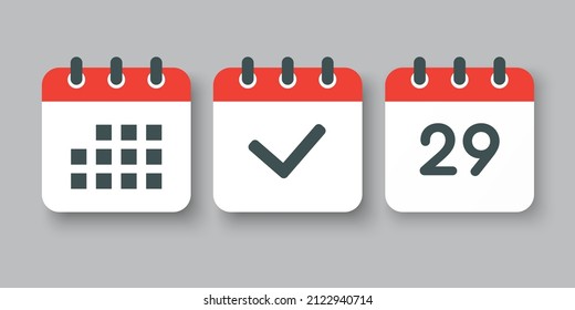 Set vector icons page calendar - number 29, mark done, agenda app. Date of week, month, year. Marks business, deadline, date icon. Yes, success, check, approved, confirm reminder and schedule