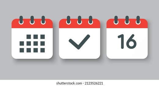 Set vector icons page calendar - number 16, mark done, agenda app. Date of week, month, year. Marks business, deadline, date icon. Yes, success, check, approved, confirm reminder and schedule