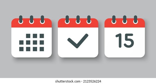 Stellen Sie Vektorsymbole auf der Seite Kalender - Nummer 15, Markierung fertig, Agenda App ein. Datum der Woche, Monat, Jahr. Markierungen Business, Deadline, Date Icon. Ja, Erfolg, Prüfung, Genehmigung, Bestätigung der Erinnerung und Zeitplan