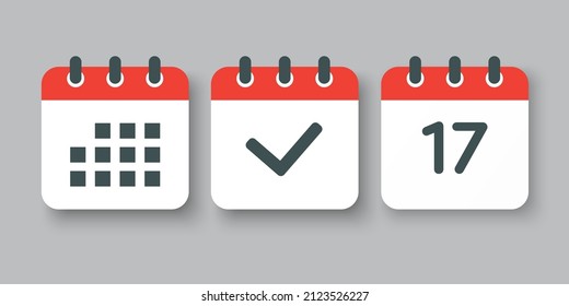Set vector icons page calendar - number 17, mark done, agenda app. Date of week, month, year. Marks business, deadline, date icon. Yes, success, check, approved, confirm reminder and schedule