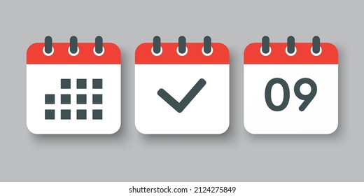 Establecer el calendario de la página de iconos vectoriales - número 9, marca hecha, aplicación agenda. Fecha de la semana, mes, año. Marca negocios, fecha límite, icono de fecha. Sí, éxito, comprobación, aprobación, confirmación de recordatorio y programación