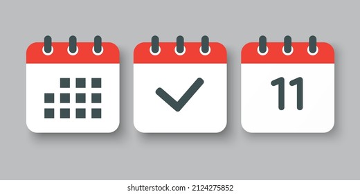 Set vector icons page calendar - number 11, mark done, agenda app. Date of week, month, year. Marks business, deadline, date icon. Yes, success, check, approved, confirm reminder and schedule