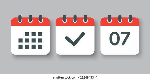 Set vector icons page calendar - number 7, mark done, agenda app. Date of week, month, year. Marks business, deadline, date icon. Yes, success, check, approved, confirm reminder and schedule