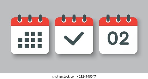 Establecer el calendario de la página de iconos vectoriales - número 2, marca hecha, aplicación agenda. Fecha de la semana, mes, año. Marca negocios, fecha límite, icono de fecha. Sí, éxito, comprobación, aprobación, confirmación de recordatorio y programación