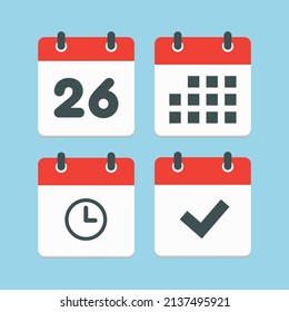 Establecer el calendario de páginas de iconos vectoriales - número 26, aplicación de agenda, temporizador, marca realizada. Sí, éxito, comprobación, aprobación, confirmación de recordatorio y programación. Tiempo, reloj y recordatorio