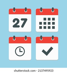 Establecer el calendario de páginas de iconos vectoriales - número 27, aplicación de agenda, temporizador, marca realizada. Sí, éxito, comprobación, aprobación, confirmación de recordatorio y programación. Tiempo, reloj y recordatorio