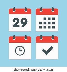Set vector icons page calendar - number 29, agenda app, timer, mark done. Yes, success, check, approved, confirm reminder and schedule. Time, clock and reminder