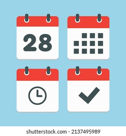 Set vector icons page calendar - number 28, agenda app, timer, mark done. Yes, success, check, approved, confirm reminder and schedule. Time, clock and reminder