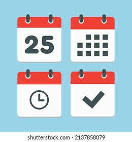 Set vector icons page calendar - number 25, agenda app, timer, mark done. Yes, success, check, approved, confirm reminder and schedule. Time, clock and reminder