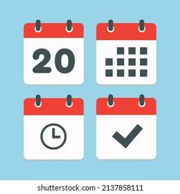 Stellen Sie Vektorsymbole auf der Seite Kalender - Nummer 20, Agenda App, Timer, Markierung fertig. Ja, Erfolg, Überprüfung, genehmigt, Erinnerung und Zeitplan bestätigen. Uhrzeit, Uhrzeit und Erinnerung