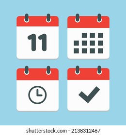 Establecer el calendario de páginas de iconos vectoriales - número 11, aplicación de agenda, temporizador, marca realizada. Sí, éxito, comprobación, aprobación, confirmación de recordatorio y programación. Tiempo, reloj y recordatorio